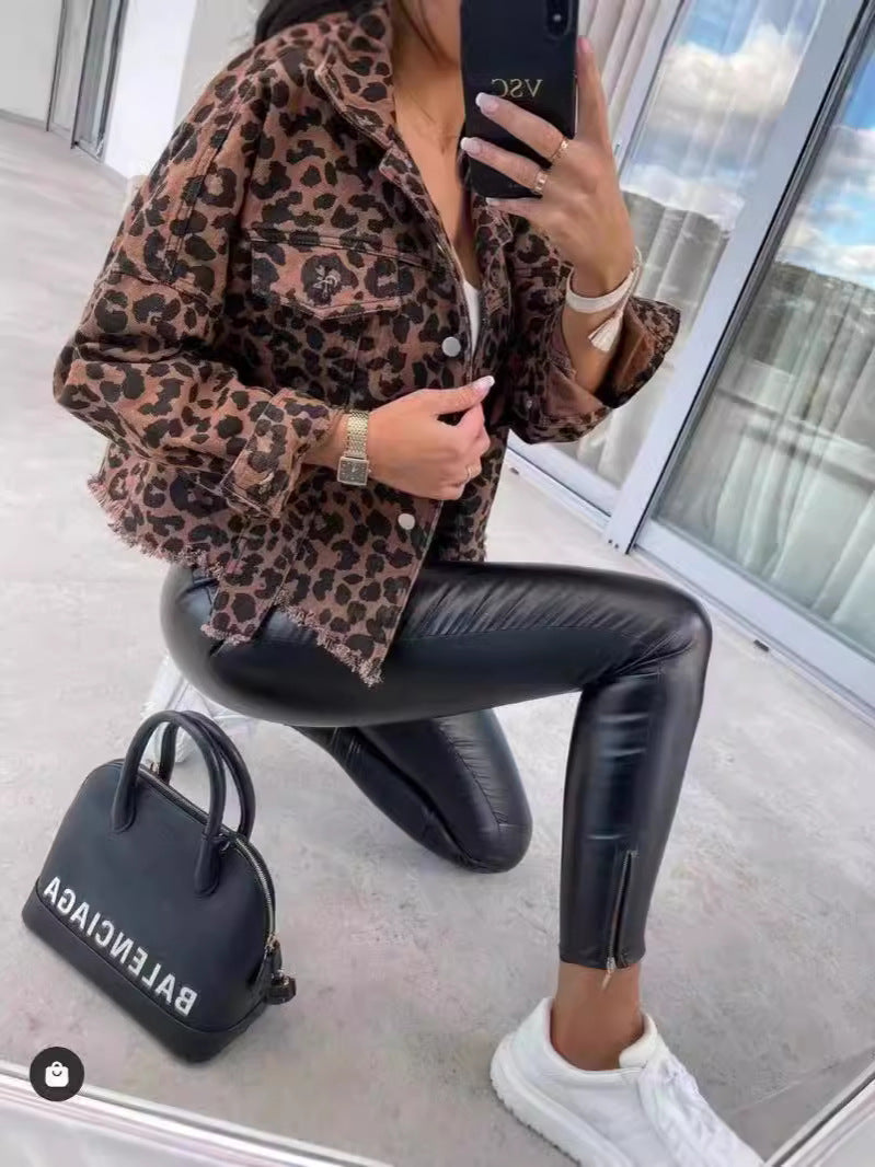 2024 Amazon Europe and the United States cross-border explosions tide washed old leopard print fur Denim coat women's jacket