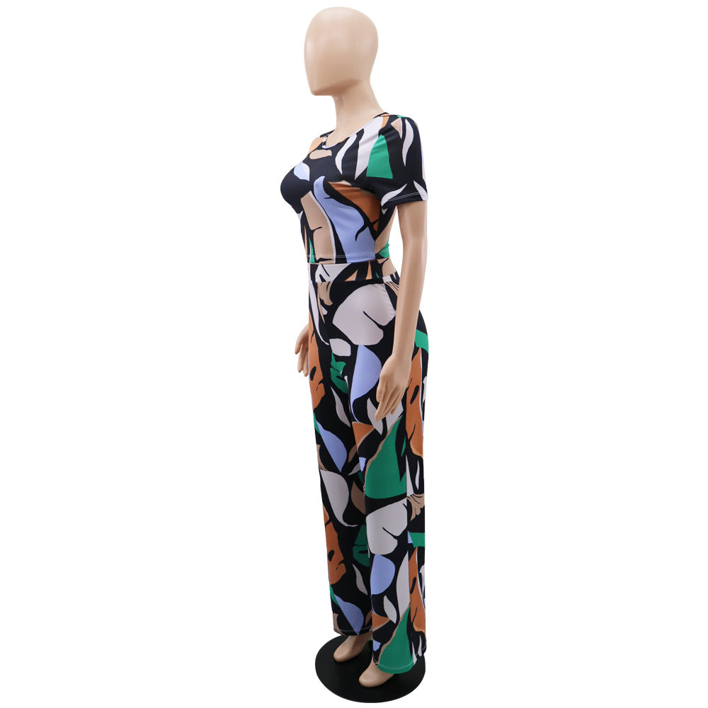 10266 Cross-border European and American Amazon Printed Slim-fit Short-sleeved Casual Elegant High Waist Pants suit Two-piece Set