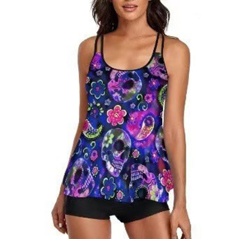 European and American Hot Sale plus size Split Swimsuit Women's Cross-border Camisole Flat-angle Swimsuit Tankini Loose Printed Swimsuit