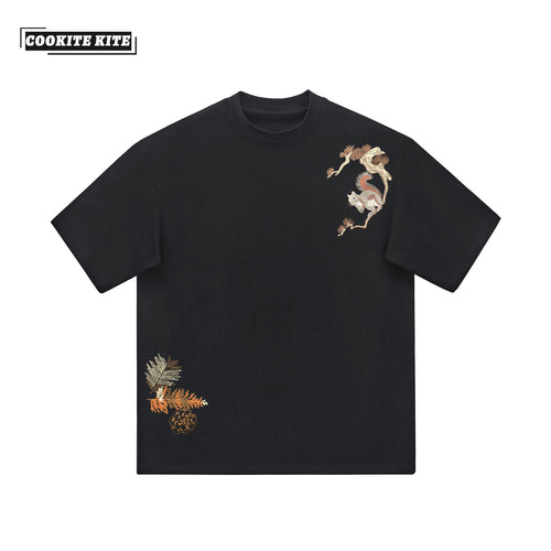 2026 New Heavyweight Pure Cotton Printed Round Neck Short-Sleeve T-Shirt with Squirrel Design, Loose Casual Style for Men and Women, Couple's Half-Sleeve Ins