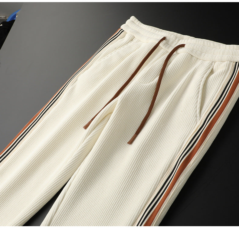 Light Luxury creamy-white fleece-lined Thickened Corduroy Casual Pants Men's Slim-fit Small Straight Pants Autumn and Winter Men's Sports Pants