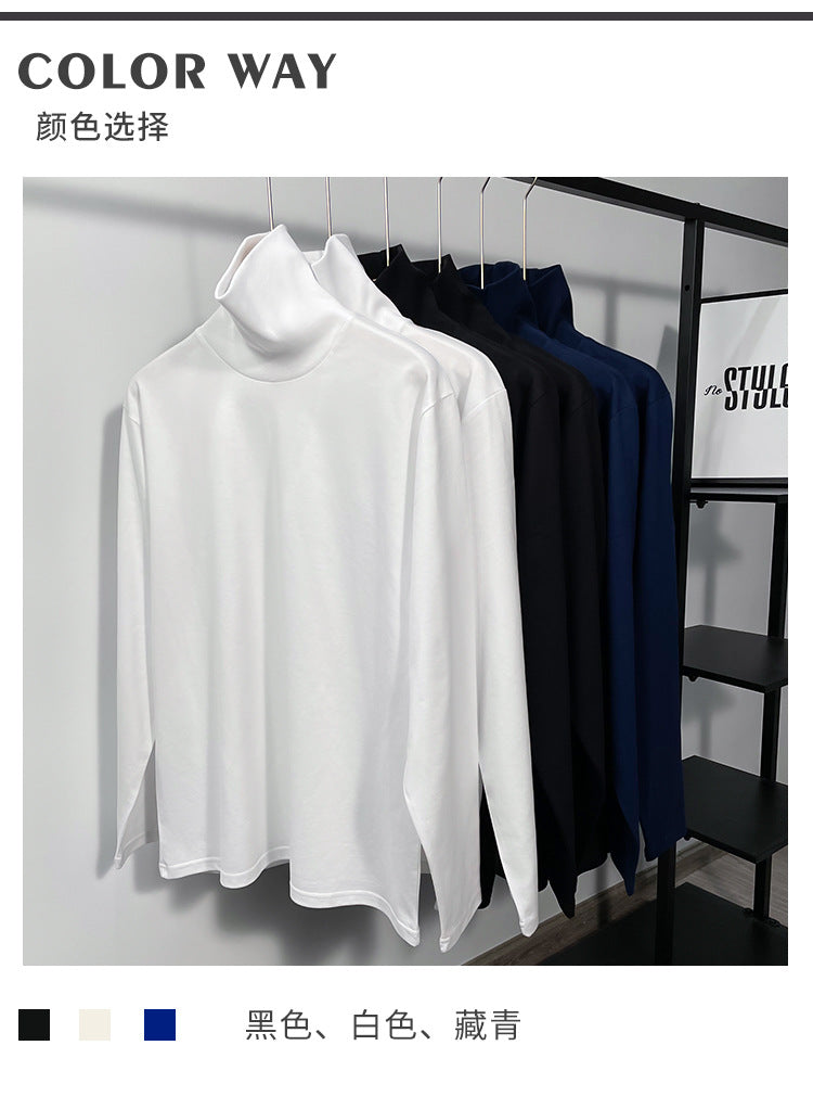 230g Fall/Winter Men's High Collar Cotton Long Sleeve T-Shirt White Inner Lap Collar Men's plus size T-Shirt Base Shirt Top