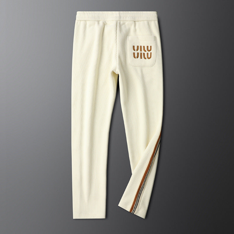 Light Luxury creamy-white fleece-lined Thickened Corduroy Casual Pants Men's Slim-fit Small Straight Pants Autumn and Winter Men's Sports Pants