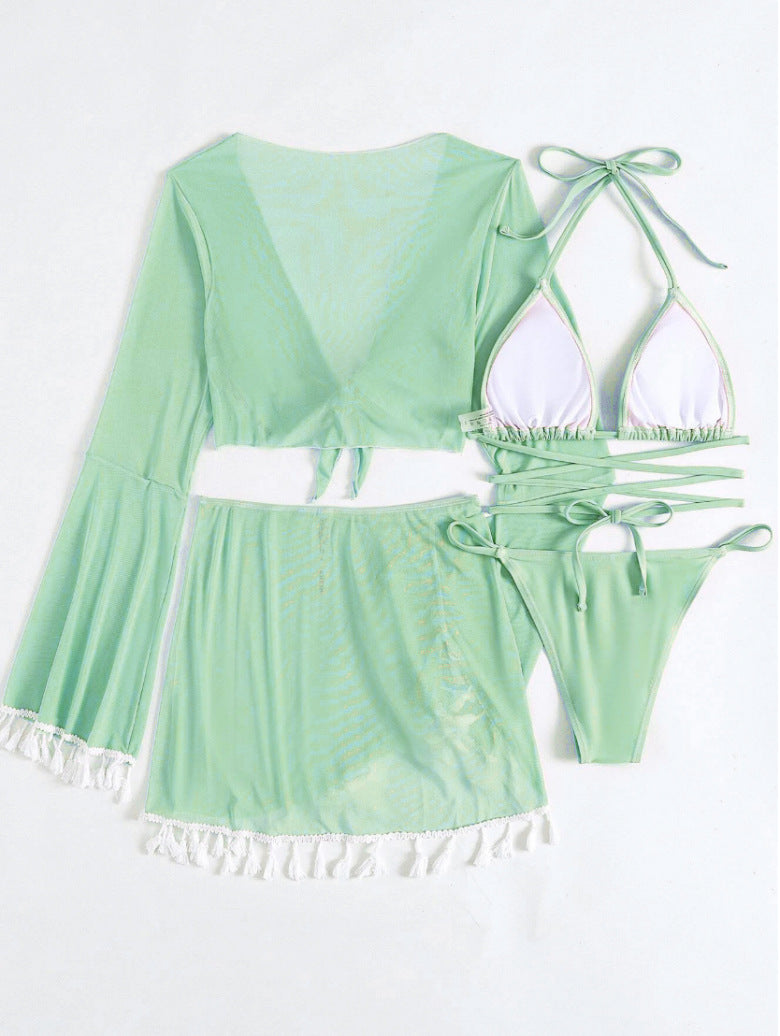 2026 Tassel Mesh Cover-Up Short Skirt Four-Piece Bikini New Thai Ins Style Cross-Border Solid Color Swimsuit for Women