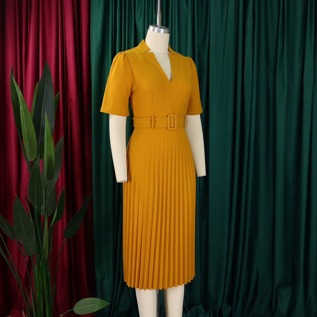 D563 Foreign Trade Cross-border Women's Clothing Summer New Short-sleeved V-neck Pleated High Waist Fashion Elegant Waist African dress