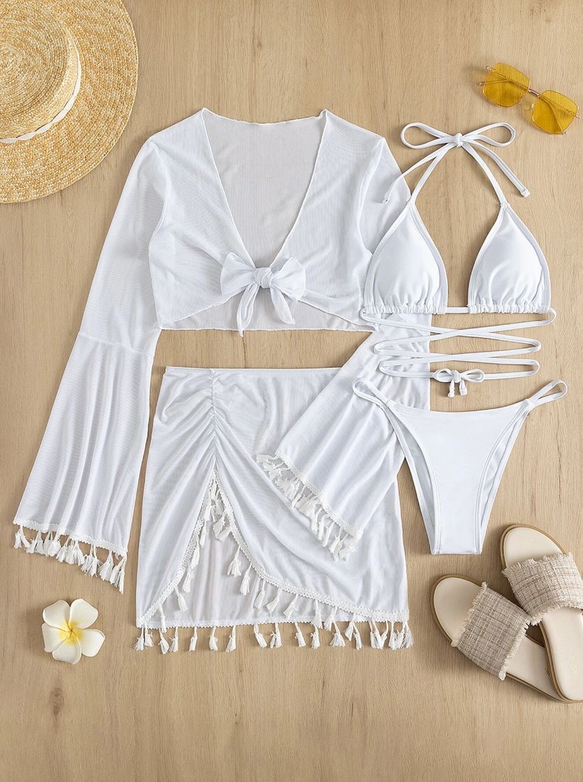 2026 Tassel Mesh Cover-Up Short Skirt Four-Piece Bikini New Thai Ins Style Cross-Border Solid Color Swimsuit for Women