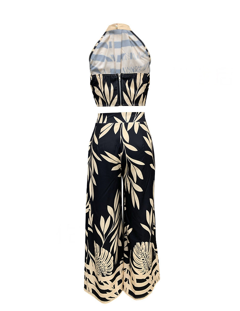 LN1146 in stock 2024 Spring and Summer New Cross-border Women's Fashion Elegant Printed Neck Backless Straight Pants Two-piece Set