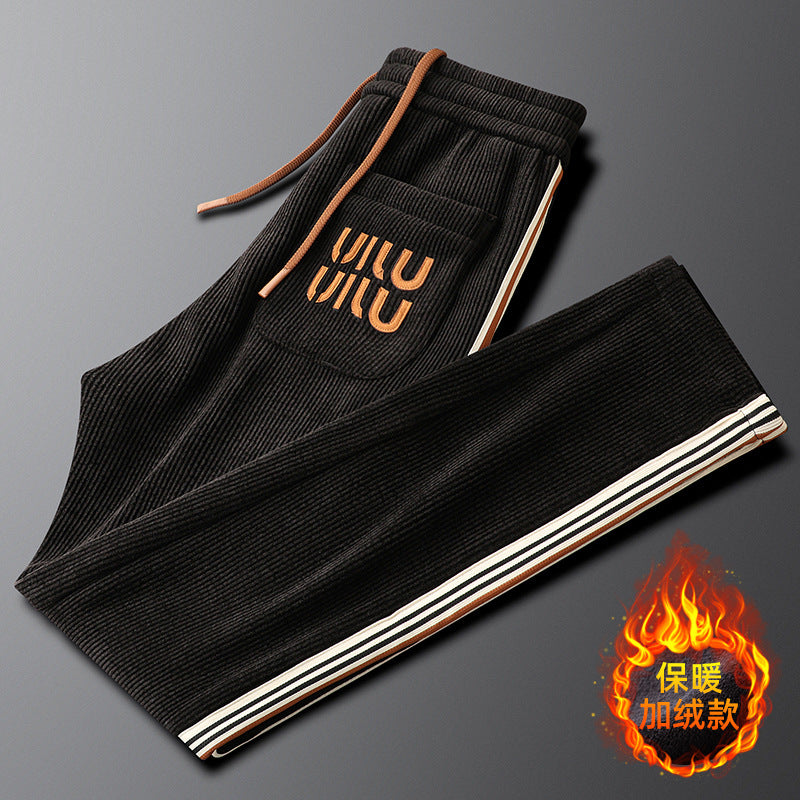 Light Luxury creamy-white fleece-lined Thickened Corduroy Casual Pants Men's Slim-fit Small Straight Pants Autumn and Winter Men's Sports Pants