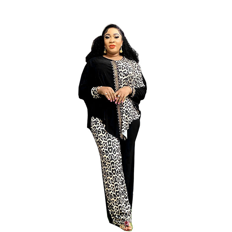 Cross-border Foreign Trade Europe, America and Africa plus size Loose Bat Sleeve Leopard Color Matching Rhinestone Top Pants suit