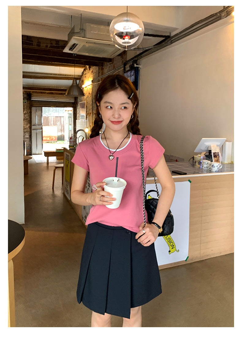 Huangyi Korean Double-Layer Collar Fake Two-Piece Short-Sleeved T-Shirt for Women 2025 Summer Short Slim Right Shoulder Top 142Th419