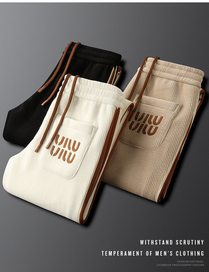 Light Luxury creamy-white fleece-lined Thickened Corduroy Casual Pants Men's Slim-fit Small Straight Pants Autumn and Winter Men's Sports Pants