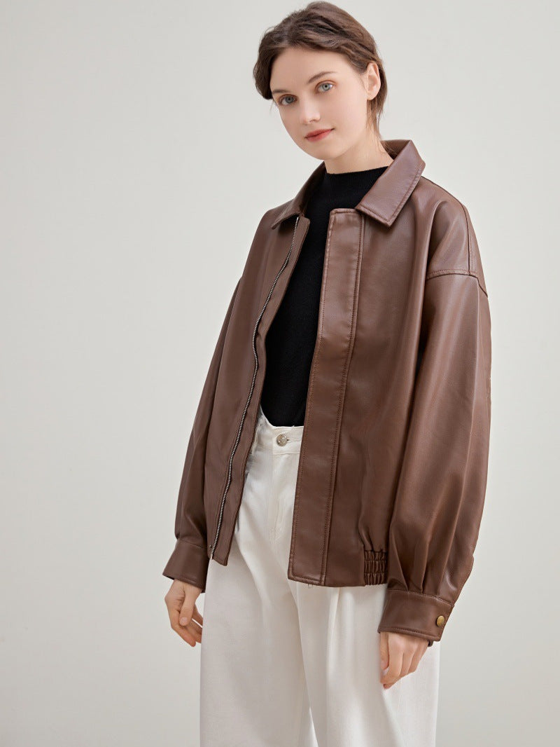 2025 Spring and Autumn Women's Leather Jacket, Faux Protein Pu Leather Motorcycle Jacket, Cool and Stylish Korean Version Versatile Loose Coat