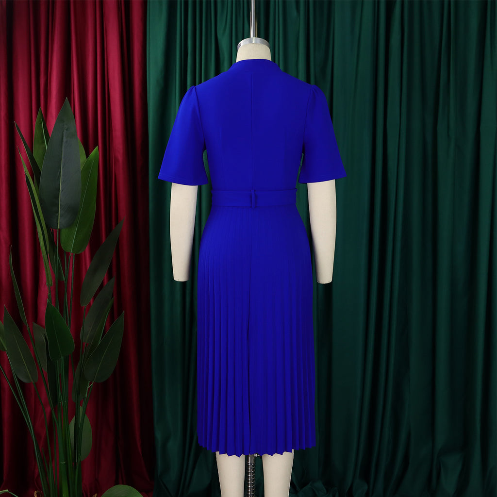 D563 Foreign Trade Cross-border Women's Clothing Summer New Short-sleeved V-neck Pleated High Waist Fashion Elegant Waist African dress