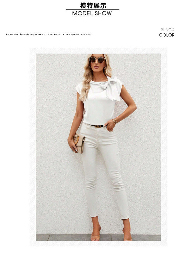 Half Open Collar Bow Satin Top Niche Design Satin Women's Clothing Amazon Cross-border European and American New T-shirt