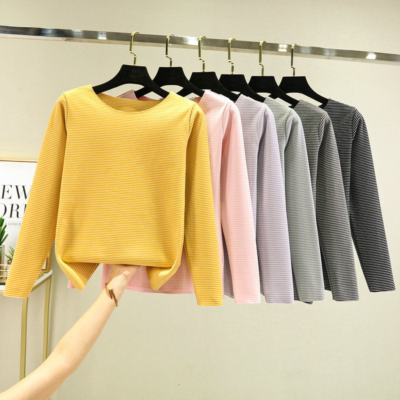 Crewneck Striped Base Shirt Women's Inner Wear Fall/Winter German Velvet 2022 New College Style Long Sleeve T-Shirt Warm Top