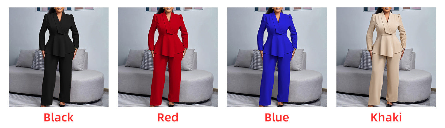 D549 European and American Clothing Winter New Fashion Elegant Elegant Ol Ruffle Top Wide Leg Pants Fashionable African Suit