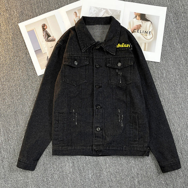2025 Black Denim Jacket Men's Spring and Autumn Korean Style Trendy Retro Jacket Trendy Brand Letter Print Jacket