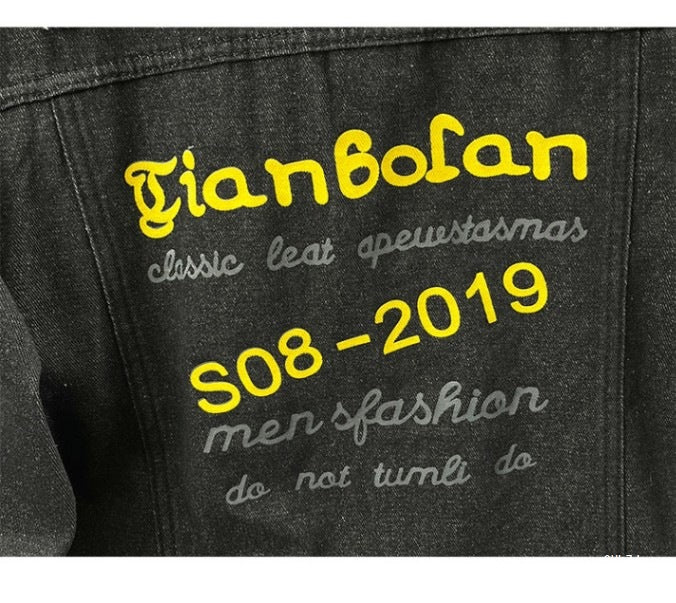 2025 Black Denim Jacket Men's Spring and Autumn Korean Style Trendy Retro Jacket Trendy Brand Letter Print Jacket