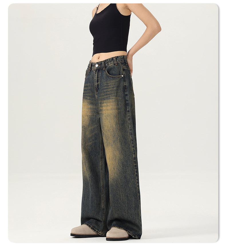LKTM Men's# American Street Retro Mud Dyed Old Jeans Men's and Women's Trendy Brand Loose Straight Pants