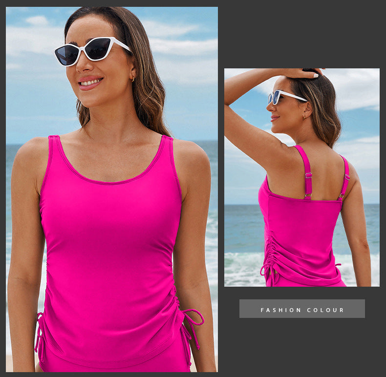 Trendy European and American Tankini Women's Solid Color Sleeveless Adjustable Strap Solid Color with Chest Pad Single Piece Women's Swimwear Top