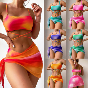 2026 Tassel Mesh Cover-Up Short Skirt Four-Piece Bikini New Thai Ins Style Cross-Border Solid Color Swimsuit for Women