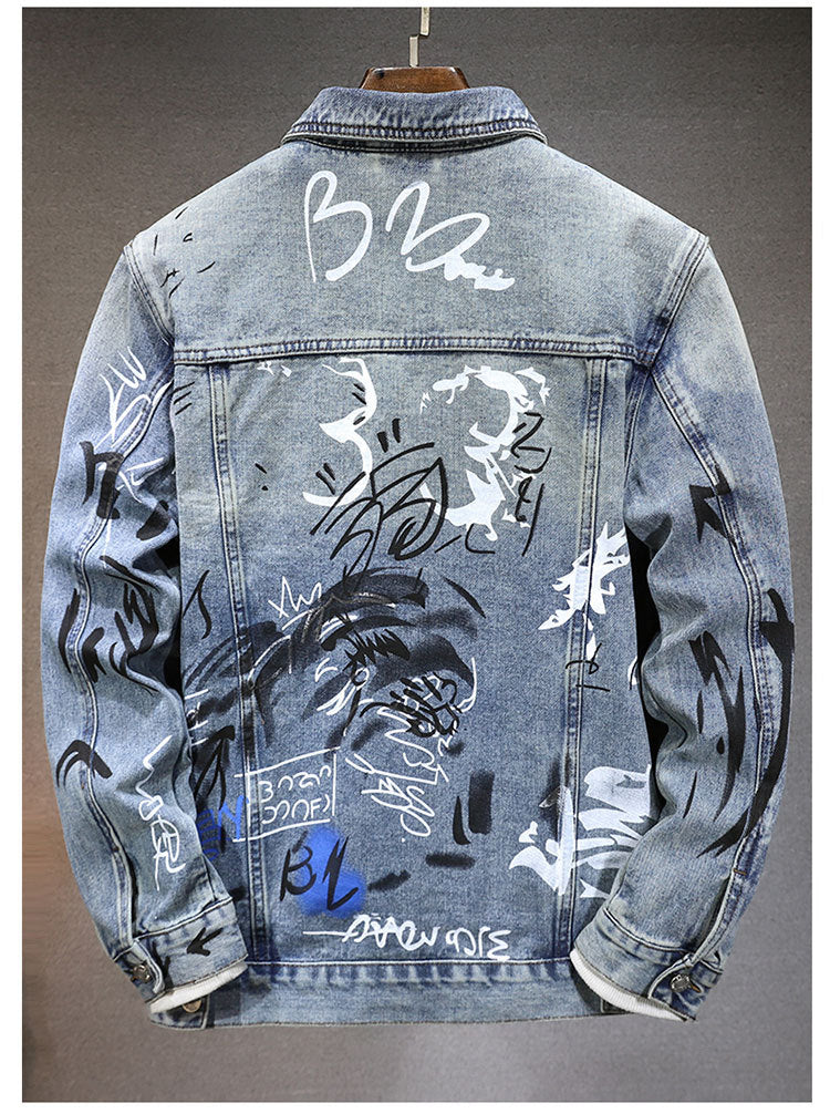 Cross-border new all-matching men's jacket spring and autumn high-end European and American fashion brand graffiti printing fit Denim coat for men