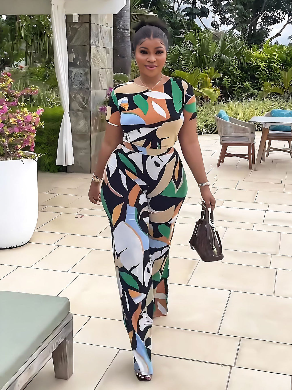 10266 Cross-border European and American Amazon Printed Slim-fit Short-sleeved Casual Elegant High Waist Pants suit Two-piece Set