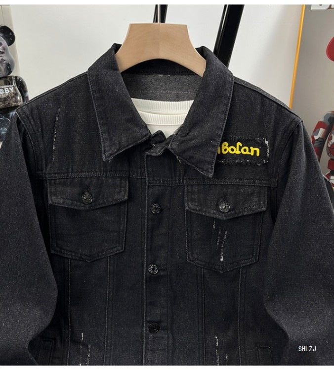 2025 Black Denim Jacket Men's Spring and Autumn Korean Style Trendy Retro Jacket Trendy Brand Letter Print Jacket