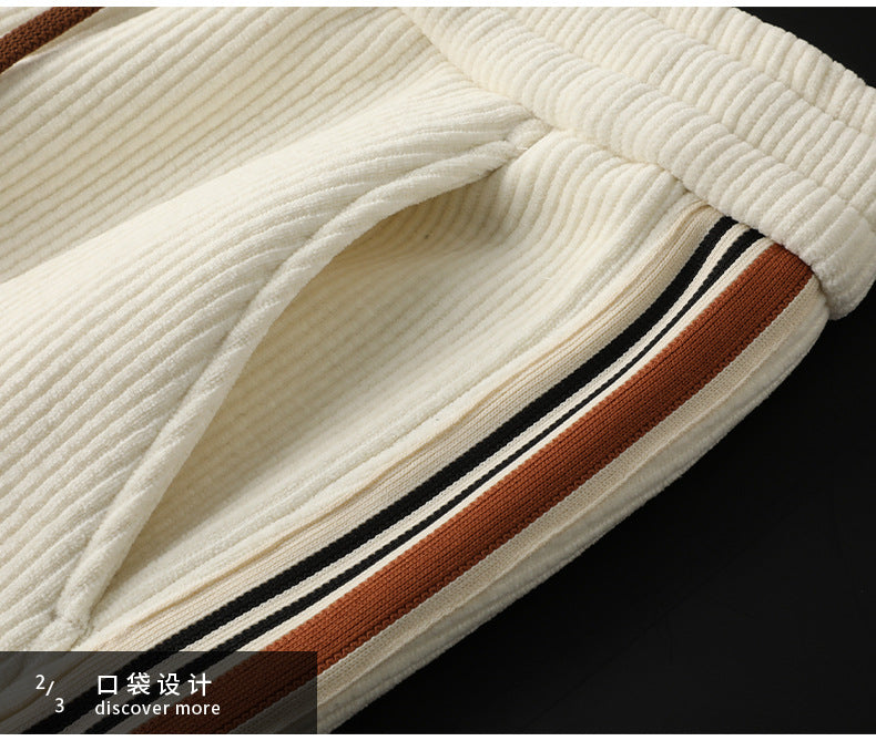 Light Luxury creamy-white fleece-lined Thickened Corduroy Casual Pants Men's Slim-fit Small Straight Pants Autumn and Winter Men's Sports Pants