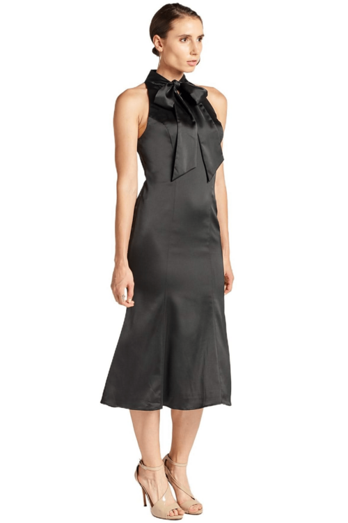 Eloise Dress- Stretch satin midi mermaid dress with neck tie
