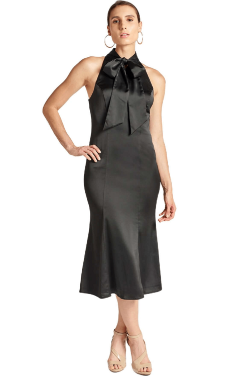 Eloise Dress- Stretch satin midi mermaid dress with neck tie